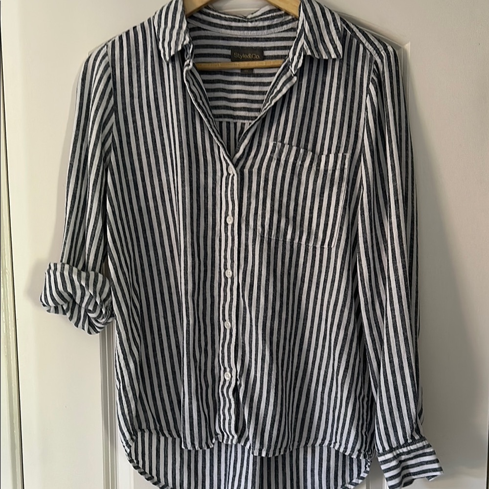 Navy and White Striped Button-Up Shirt linen modal
